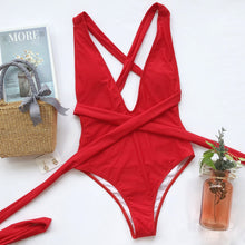 Load image into Gallery viewer, Halter Neck Deep V Tied One-Piece Swimsuit Ti Amo I love you
