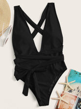 Load image into Gallery viewer, Halter Neck Deep V Tied One-Piece Swimsuit Ti Amo I love you
