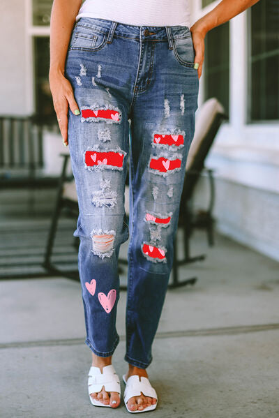 Heart Distressed Jeans with Pockets Ti Amo I love you