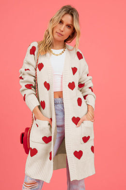 Heart Graphic Open Front Cardigan with Pockets Ti Amo I love you