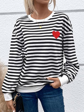 Heart Patch Striped Round Neck Long Sleeve Sweatshirt Ti Amo I love you