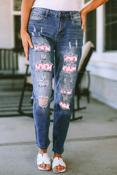Heart Pattern Distressed Straight Jeans Ti Amo I love you
