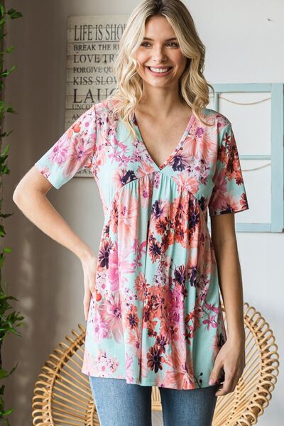 Heimish Full Size Floral V-Neck Short Sleeve Babydoll Blouse Ti Amo I love you