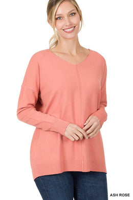 Hi-Low Garment Dyed V-Neck Front Seam Sweater Ti Amo I love you