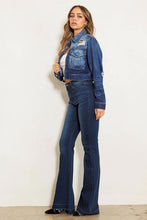 Load image into Gallery viewer, High Rise Flare Jean with Faded Wash Hem Detail Ti Amo I love you
