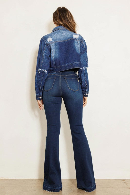 High Rise Flare Jean with Faded Wash Hem Detail Ti Amo I love you