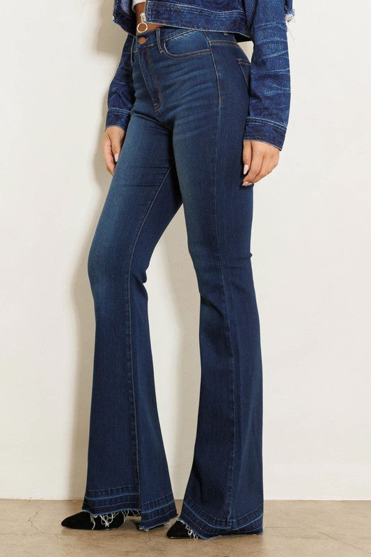 High Rise Flare Jean with Faded Wash Hem Detail Ti Amo I love you