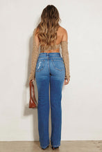 Load image into Gallery viewer, High Rise Subtle Distressed Straight Jeans Ti Amo I love you
