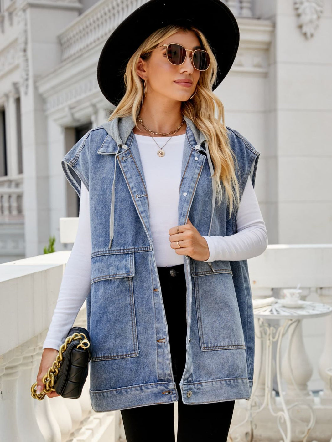 Hooded Sleeveless Denim Top with Pockets Ti Amo I love you