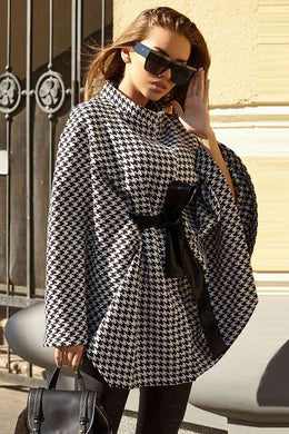 Houndstooth Tie Waist Trench Coat - One Size Ti Amo I love you