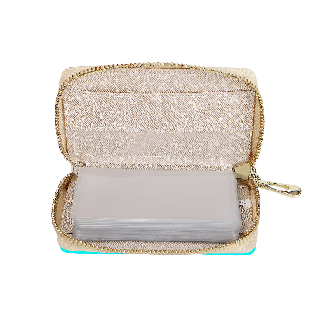 Ti Amo I love you - Exclusive Brand - Aqua / Cyan - Double White Heart - PU Leather - Zipper Card Holder