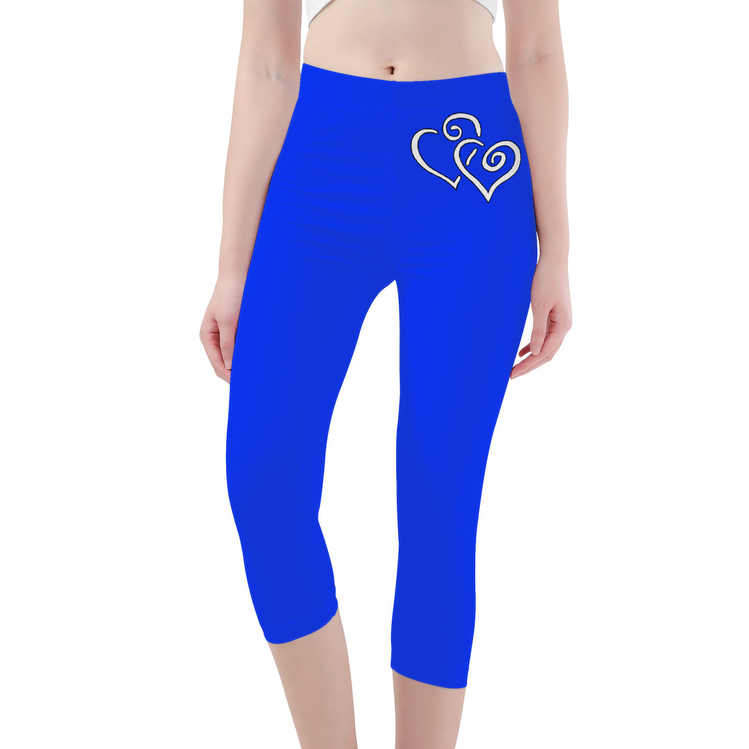 Ti Amo I love you -Exclusive Brand - Blue Blue Eyes - Double White Heart - Womens / Teen Girls / Womens Plus Size - Capri Yoga Leggings - Sizes XS-3XL
