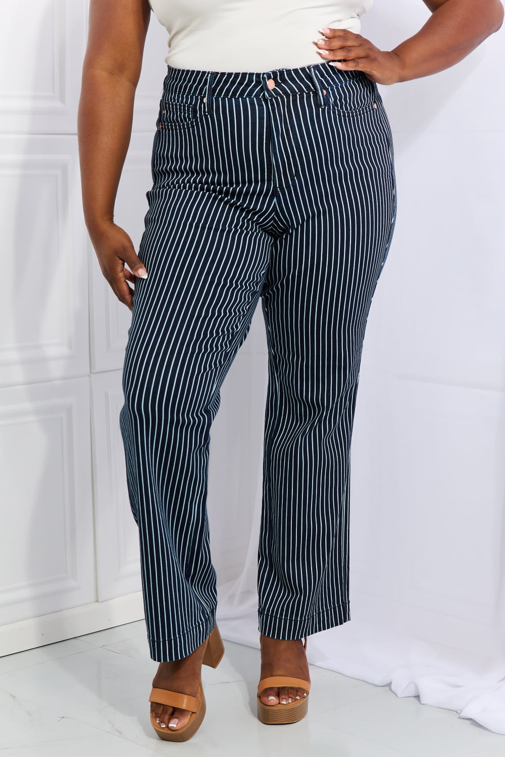 Judy Blue Cassidy Full Size - Striped - High Waisted Tummy Control Striped Straight Jeans Ti Amo I love you