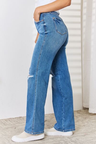 Judy Blue Full Size High Waist Distressed Straight-Leg Jeans Ti Amo I love you