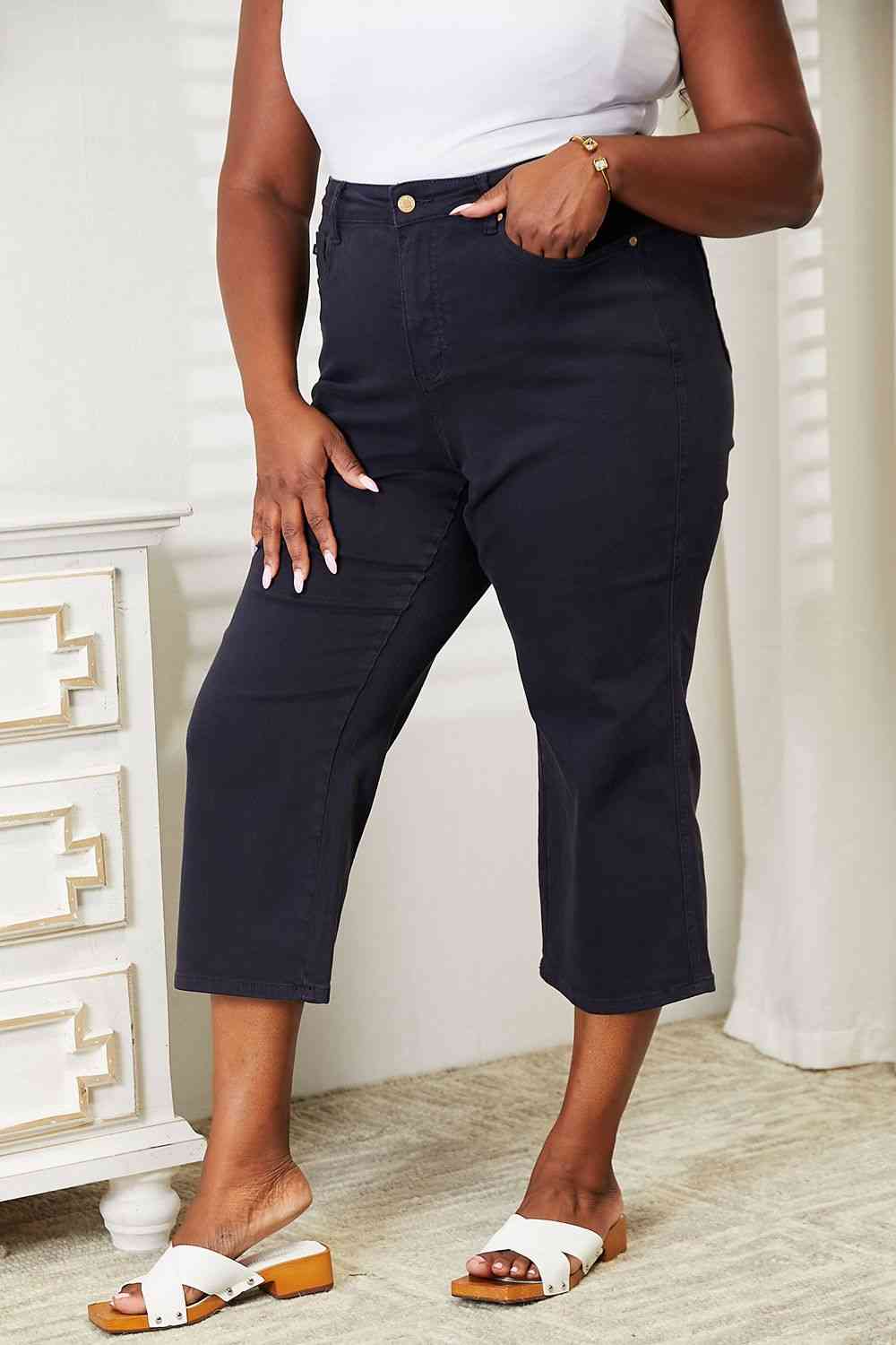 Judy Blue Full Size High Waist Tummy Control Garment Dyed Wide Cropped Jeans Ti Amo I love you