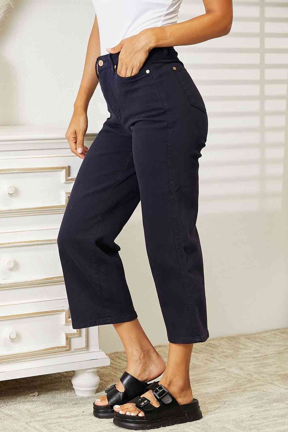 Judy Blue Full Size High Waist Tummy Control Garment Dyed Wide Cropped Jeans Ti Amo I love you