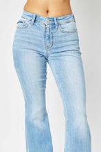 Load image into Gallery viewer, Judy Blue Full Size Mid Rise Raw Hem Slit Flare Jeans Ti Amo I love you
