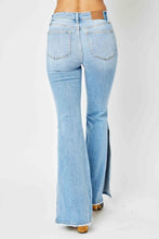 Load image into Gallery viewer, Judy Blue Full Size Mid Rise Raw Hem Slit Flare Jeans Ti Amo I love you
