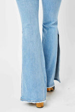 Load image into Gallery viewer, Judy Blue Full Size Mid Rise Raw Hem Slit Flare Jeans Ti Amo I love you
