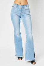 Load image into Gallery viewer, Judy Blue Full Size Mid Rise Raw Hem Slit Flare Jeans Ti Amo I love you
