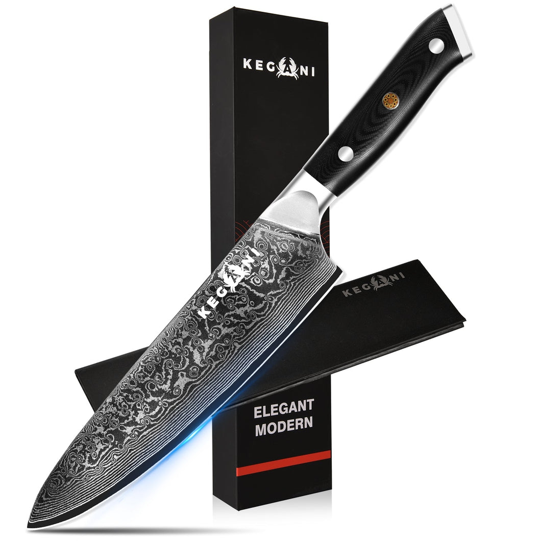 Kegani Chef Knife, 8 Inch Damascus Chefs Knife-Japanese VG10 Super Steel Hammered - G10 Handle Kitchen Knife - Classic Series Ti Amo I love you