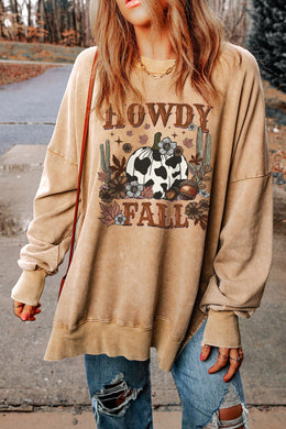 Khaki HOWDY FALL Pumpkin Print Split Hem Sweatshirt Ti Amo I love you