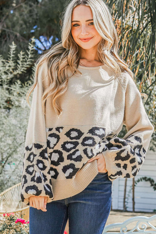 Khaki Leopard Patchwork Knitted Puff Sleeve Sweater - Only Sizes S, XL Left Ti Amo I love you