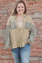 Load image into Gallery viewer, Khaki Plus Size Leopard Patchwork Shacket Ti Amo I love you
