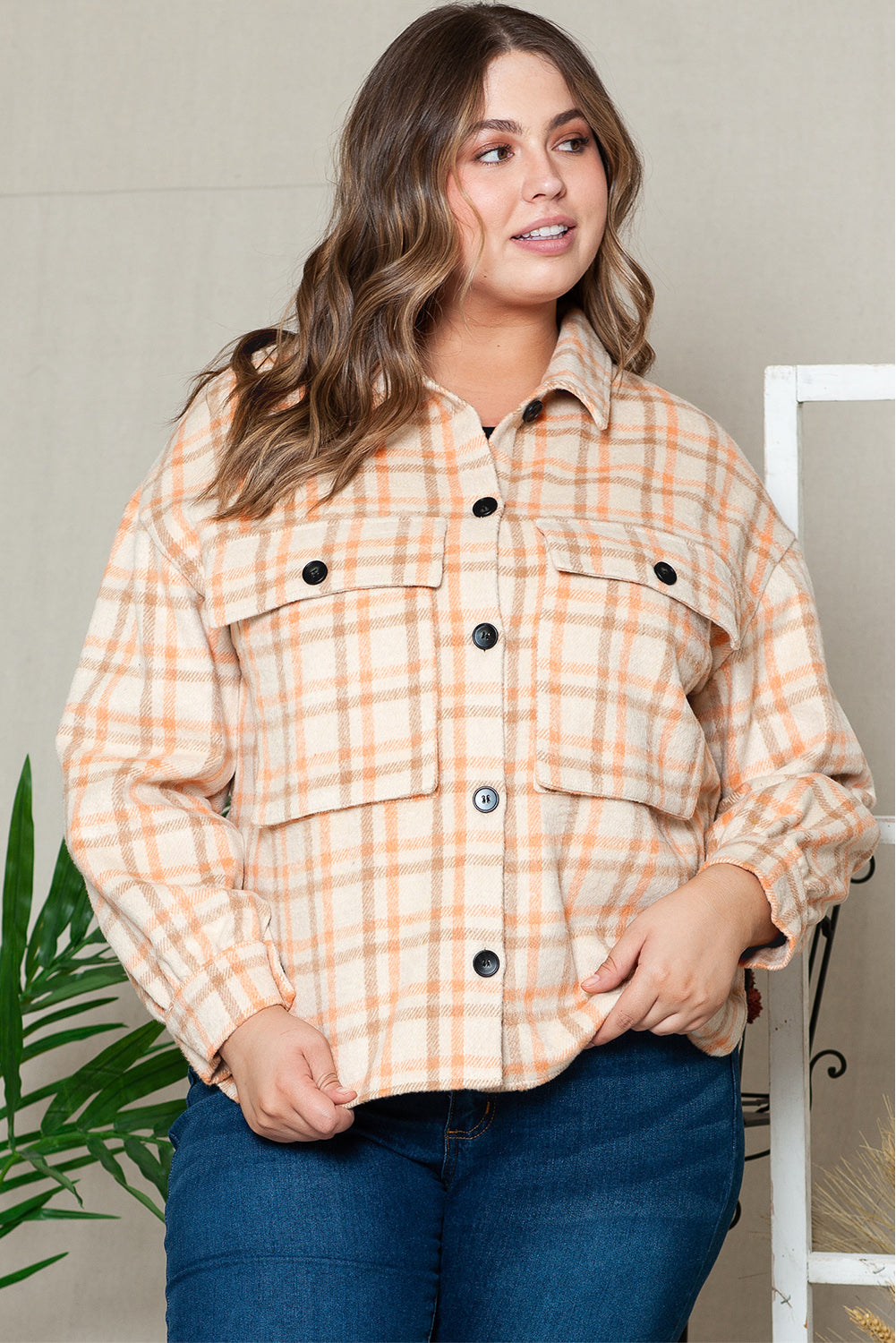 Khaki Plus Size Plaid Jacket with Flap Pockets Ti Amo I love you