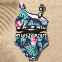 Load image into Gallery viewer, Kid - Girls - Tropical Print - Cut-Out - Contrast Tape - Childrens Swimsuit/ Bathing Suit - Kids 7-14 Ti Amo I love you
