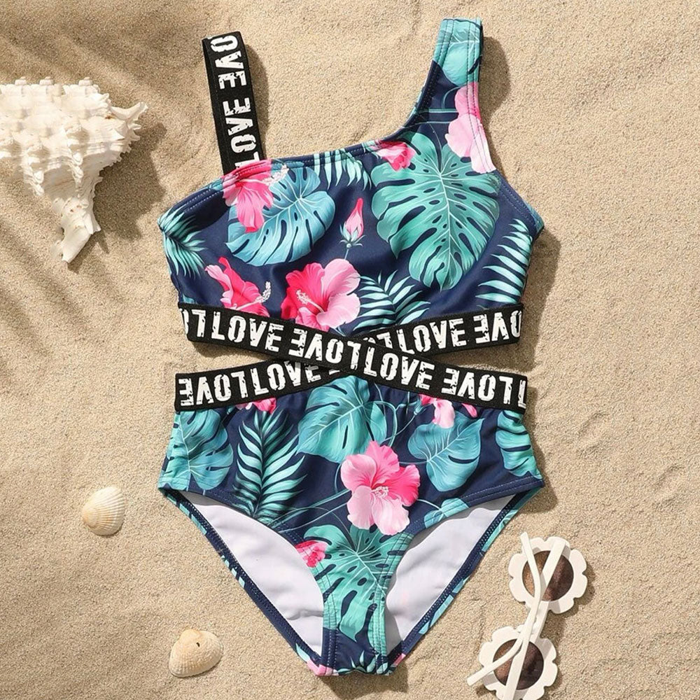 Kid - Girls - Tropical Print - Cut-Out - Contrast Tape - Childrens Swimsuit/ Bathing Suit - Kids 7-14 Ti Amo I love you