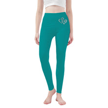 Load image into Gallery viewer, Ti Amo I love you - Exclusive Brand - Viridian Green - Double White Heart - Womens / Teen Girls  / Womens Plus Size  - Yoga Leggings - Sizes XS-3XL
