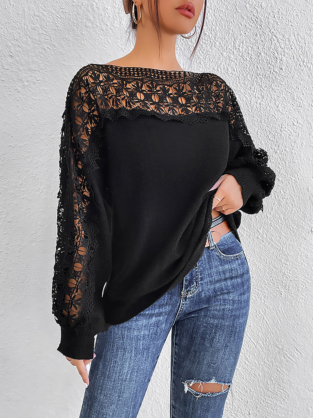 Lace Trim Boat Neck Knit Top - Sizes S-L Ti Amo I love you