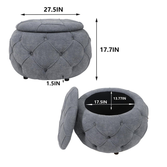 Large Button Tufted Woven Round Storage Footstool。Suitable for living room, bedroom, study Ti Amo I love you