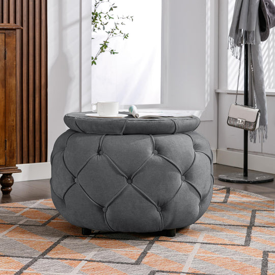 Large Button Tufted Woven Round Storage Footstool。Suitable for living room, bedroom, study Ti Amo I love you