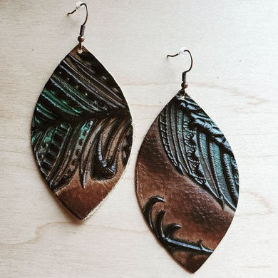 Leather Oval Earrings in Tan/Turquoise Feathers Ti Amo I love you