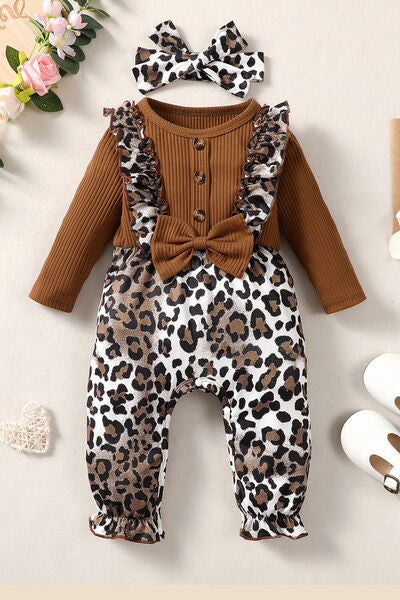 Leopard Bow Round Neck Long Sleeve Jumpsuit Ti Amo I love you