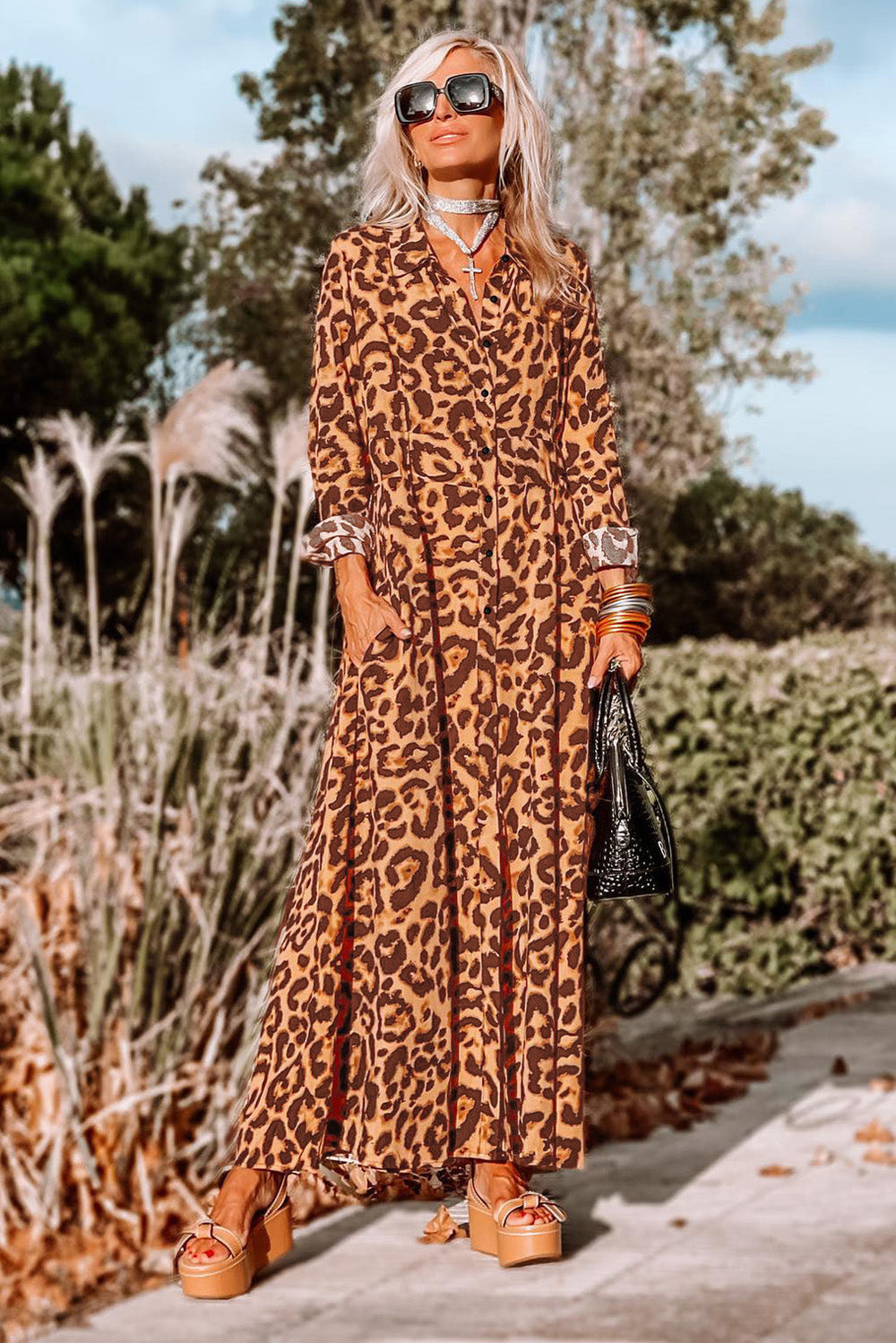 Leopard Button-Up Long Sleeve Maxi Dress Ti Amo I love you