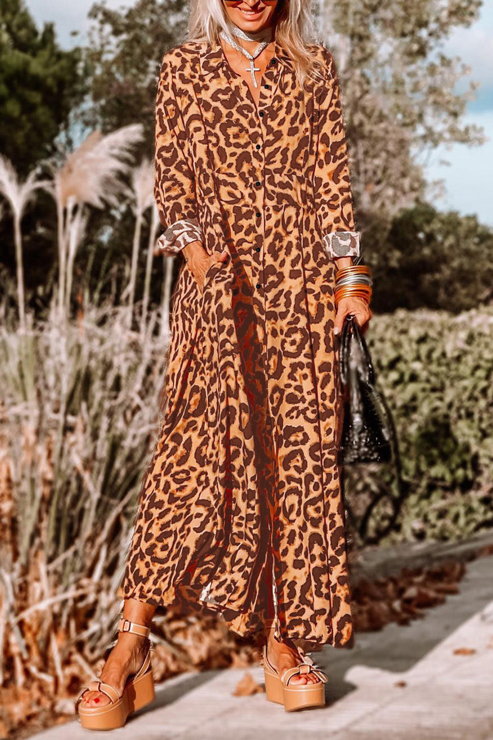 Leopard Button-Up Long Sleeve Maxi Dress Ti Amo I love you