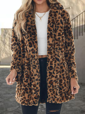 Leopard Collared Neck Coat with Pockets Ti Amo I love you