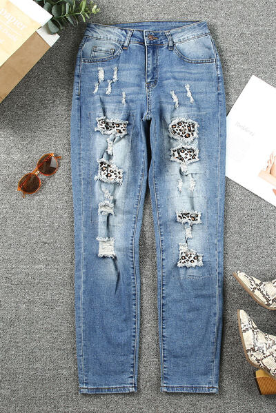 Leopard Distressed Pocketed Straight Jeans Ti Amo I love you