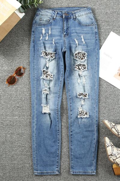 Leopard Distressed Pocketed Straight Jeans Ti Amo I love you