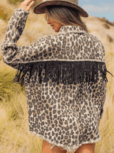 Load image into Gallery viewer, Leopard Fringe Detail Collared Neck Denim Jacket Ti Amo I love you
