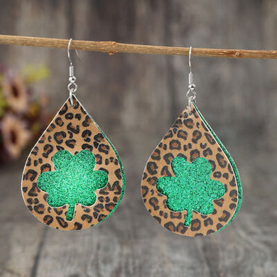 Leopard Hollowed Leather Shamrock Teardrop Earrings Ti Amo I love you