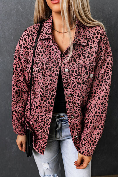 Leopard Raw Hem Button Up Denim Jacket Ti Amo I love you