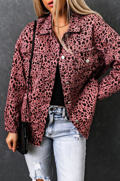 Leopard Raw Hem Button Up Denim Jacket Ti Amo I love you