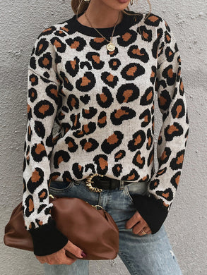 Leopard Round Neck Dropped Shoulder Sweater - Sizes S-L Ti Amo I love you