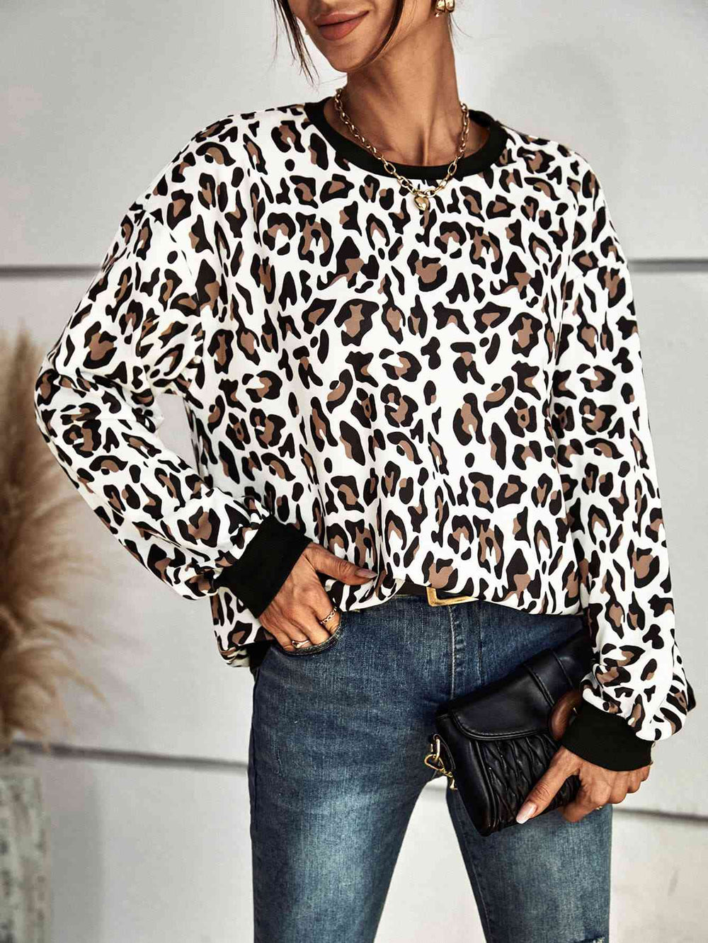 Leopard Round Neck Dropped Shoulder Sweatshirt Ti Amo I love you