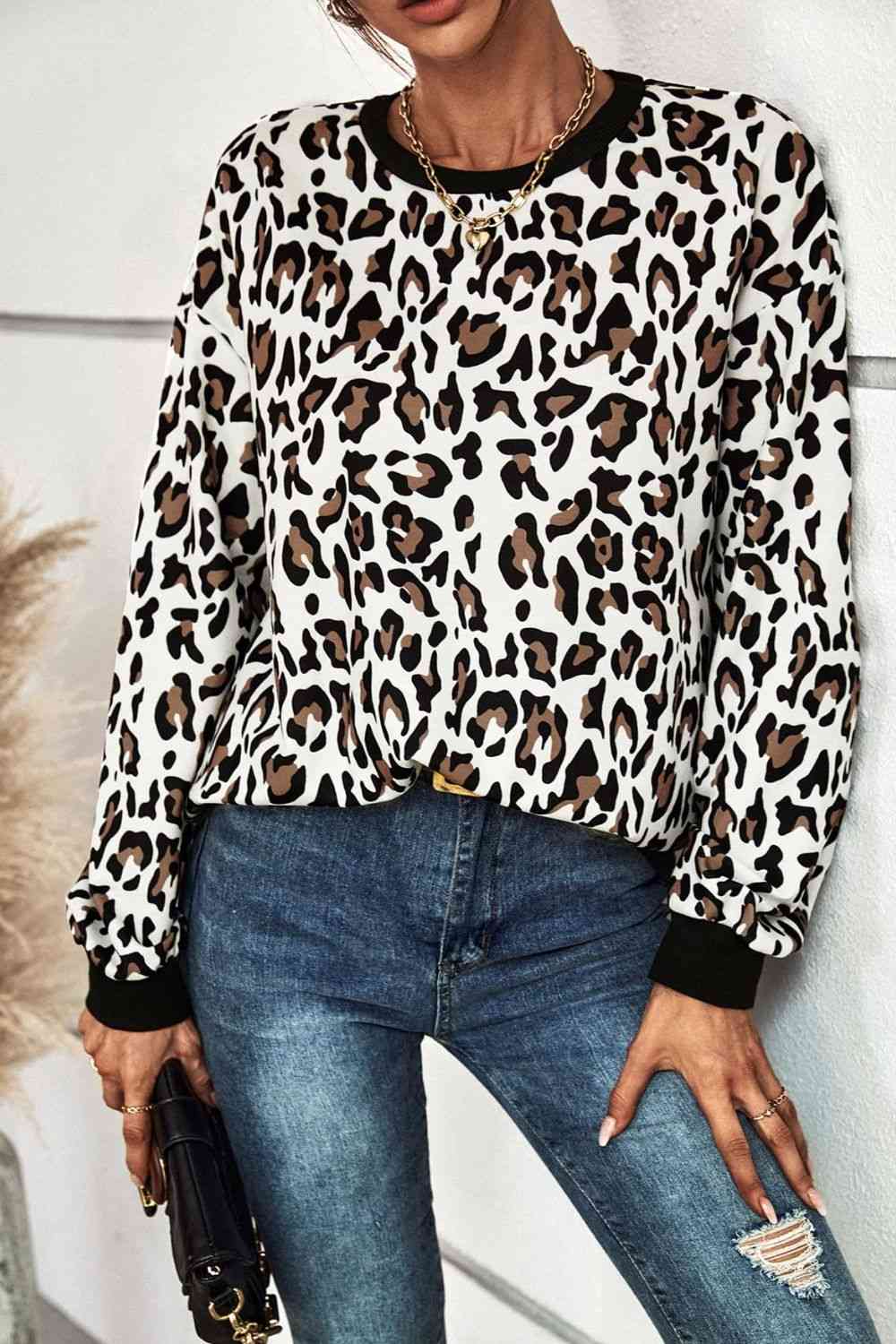 Leopard Round Neck Dropped Shoulder Sweatshirt Ti Amo I love you