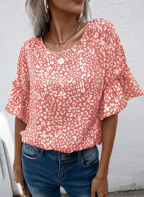 Leopard Round Neck Frill Trim Blouse Ti Amo I love you